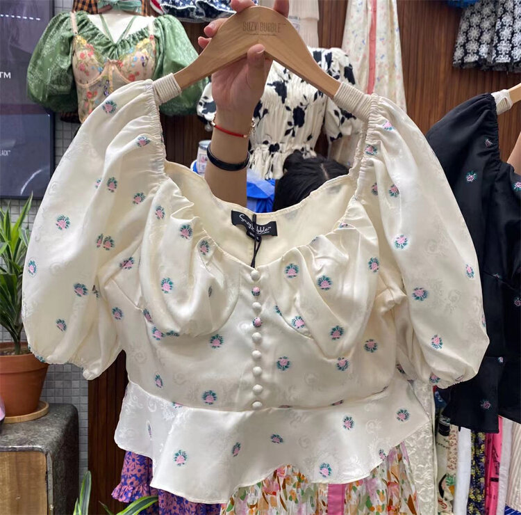 [suzybubble] square neck bubble sleeve printed short shirt 6160# WPL
