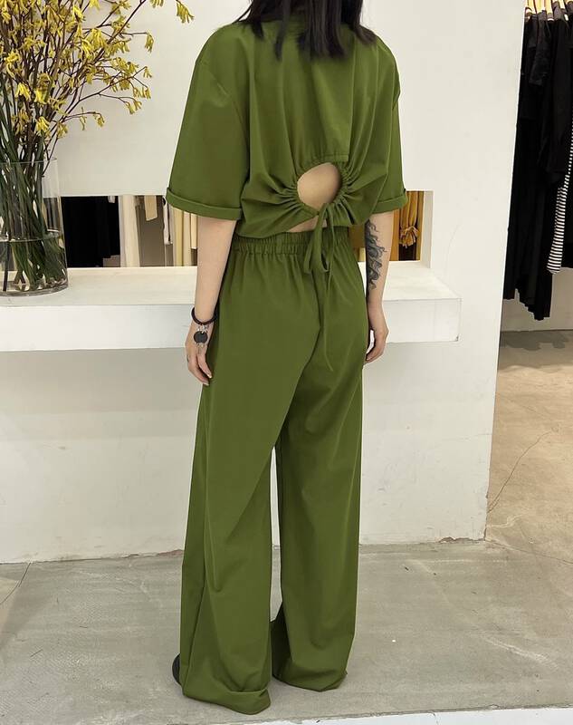 [VI. Liu Liu] backless careful machine short sleeve T-shirt + straight tube wide leg casual pants set 60727# zxl
