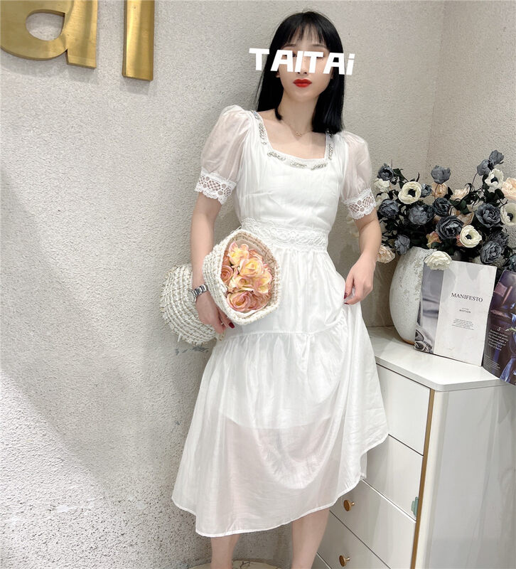 [t.ai] square neck Nail Drill bubble sleeve waist dress 10085\zxx