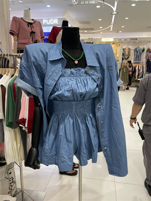 [goblin] fashion short sleeve shirt + short Strapless blouse + casual Shorts Set 9756\wpl