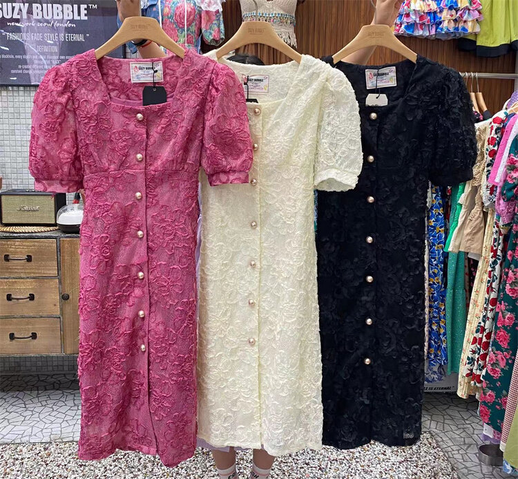 [suzybubble] square neck single breasted bubble sleeve dress ys1-8828\wpl