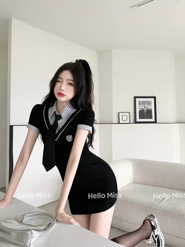 [Hello Miss] college style thin fake two piece color matching dress (with tie) 6285\pcz