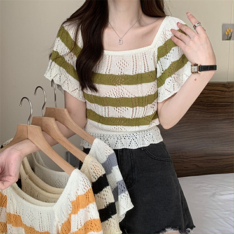 [f · P] Hong Kong Style Vintage hollowed out stripe Ruffle short sweater 88921# HBx