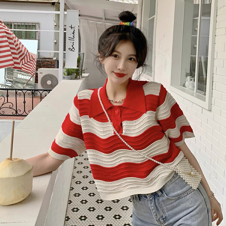 [f · P] contrast striped hollowed out polo collar short sleeve T-shirt 7649# HBx