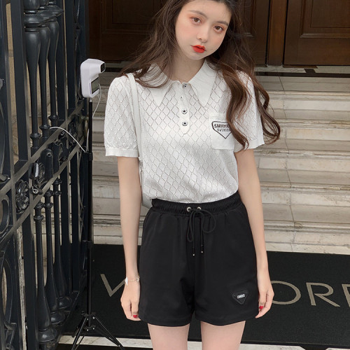 Fan Zhiqiao college style Polo neck knitted T-shirt women's summer bubble sleeve chic Korean style hollow out embroidery short sleeve top