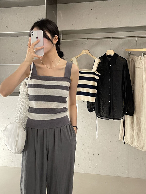 [clean space] contrast striped slim fit short vest / sling 32616# cqw