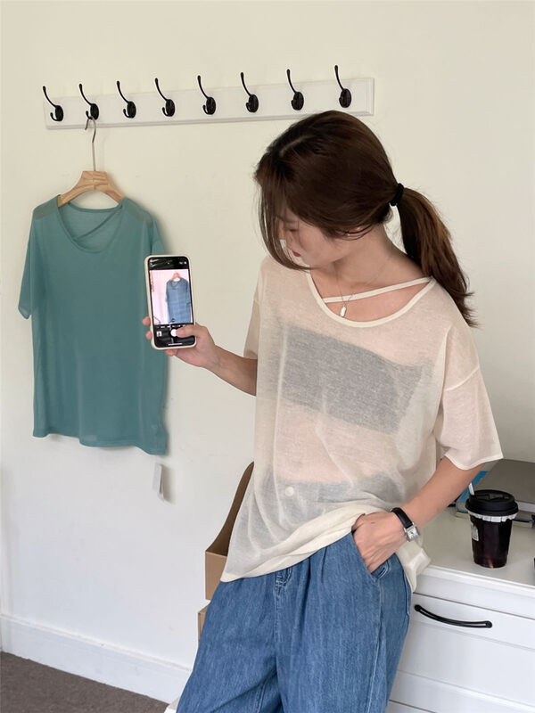 [clean space] round neck design Vintage short sleeve T-shirt 27899# cqw