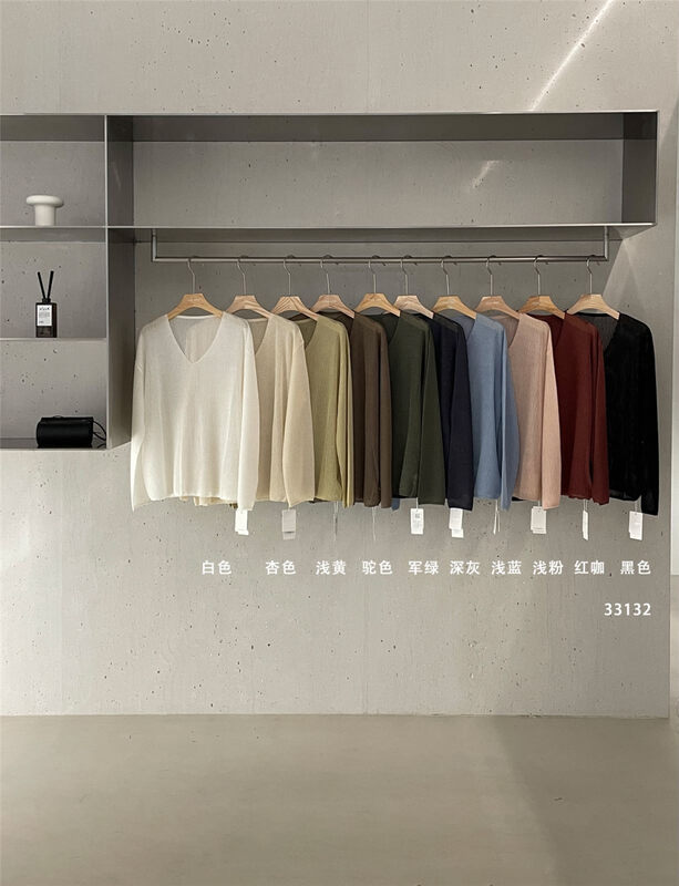 Tencel hemp yarn, dry and breathable, 10 color [clean space] solid color V-neck loose hollow thin sweater 33132# cqw