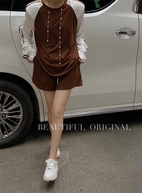[B-O] Korean striped long sleeve T-shirt + high waist slim Shorts Set (with chain) 87374# XYJ