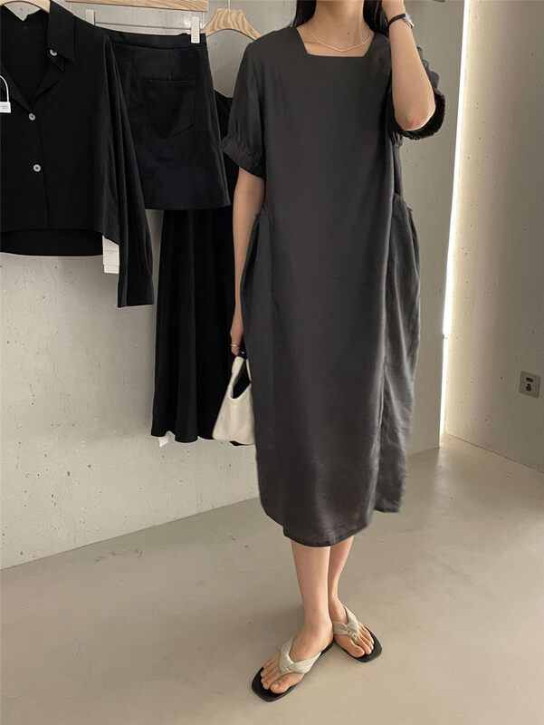 [clean space] Korean solid color loose square neck dress 27917# cqw