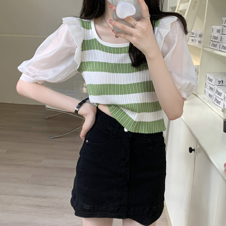 [f · P] foreign style aging reduced U-neck striped bubble sleeve stitched sweater 61585# HBx