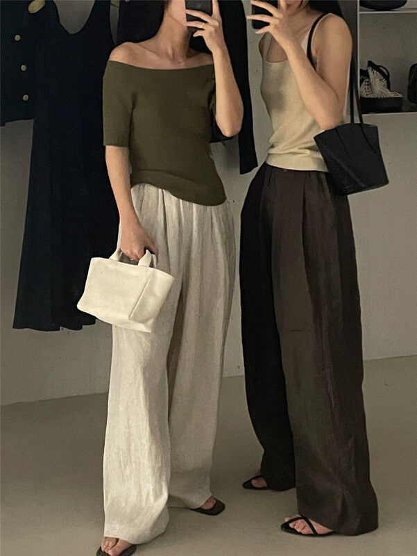 Hemp texture, 9 colors available [clean space] simple solid color loose elastic waist casual pants 27912# cqw