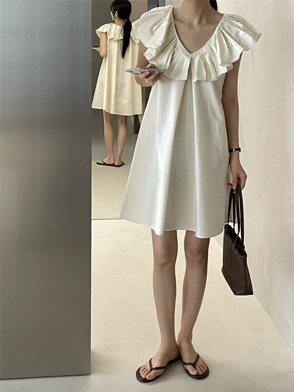 [clean space] Korean pleated organ collar solid color Ruffle Dress 32601# cqw
