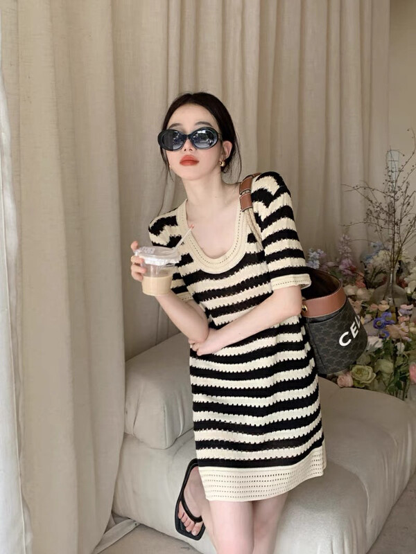 [f · P] vintage design, hollowed out stripe short sleeved dress 73179# HBx