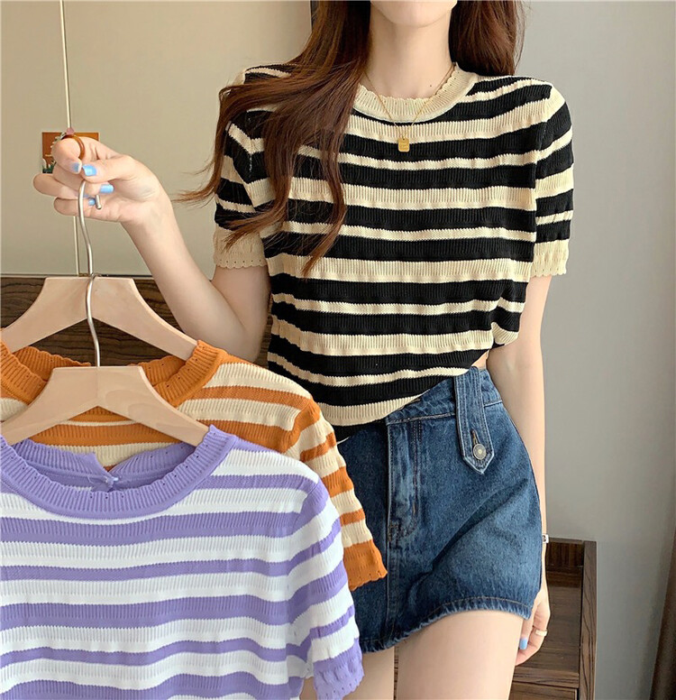 [f · P] sweet and spicy round neck stripe hollowed out versatile sweater 2687# HBx