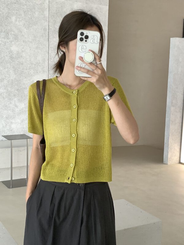 11 optional, hemp yarn and silk [clean space] simple solid color hollow out short sleeved knitted cardigan 32370# cqw