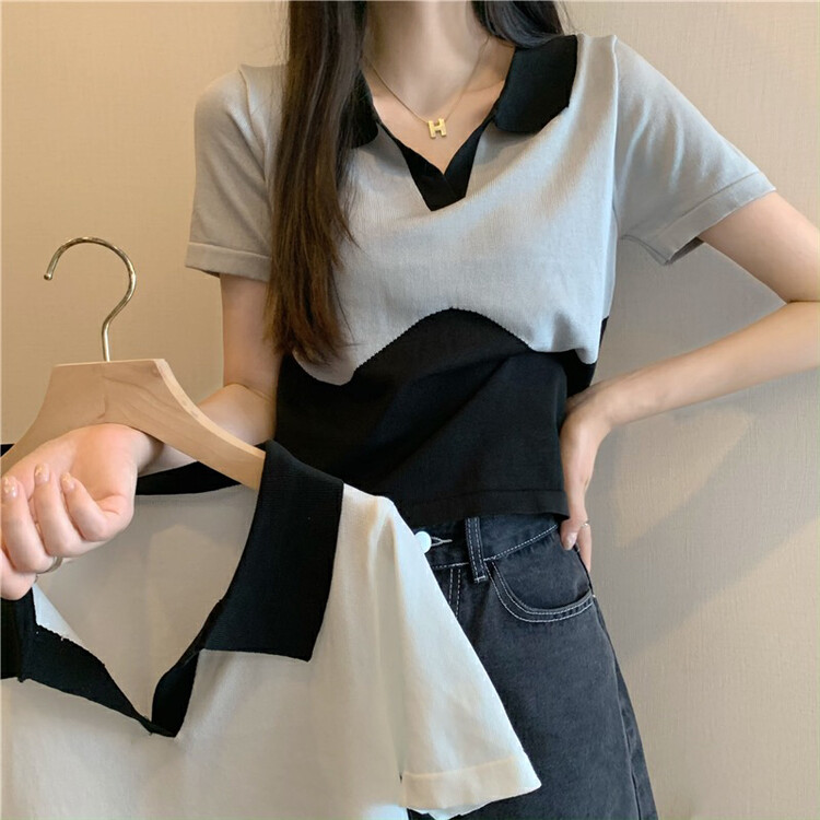 [f · P] Korean color blocked polo collar short sleeve sweater 7976# HBx
