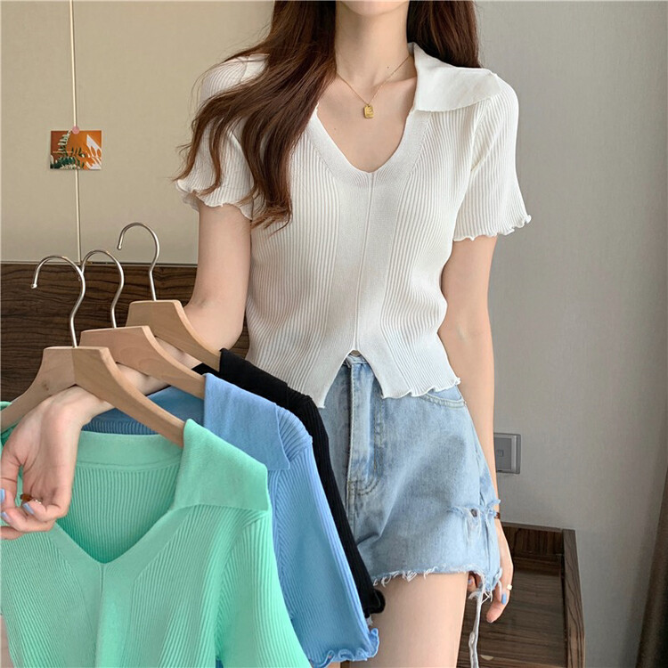 [f · P] American sweetheart polo collar wood ear short sleeve sweater 83118# HBx