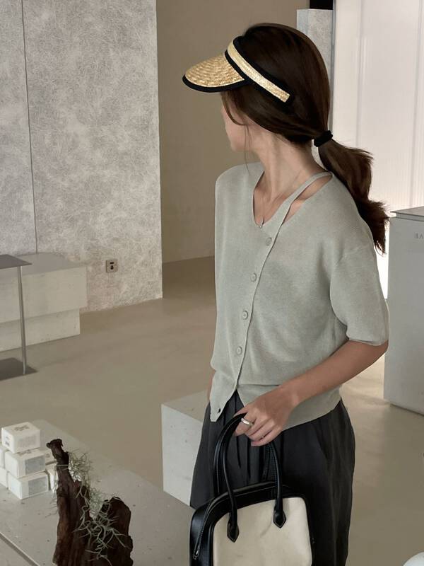 Tencel linen, selected 7 colors [clear space] Korean oblique button design Short Sleeve Sweater 32385# cqw