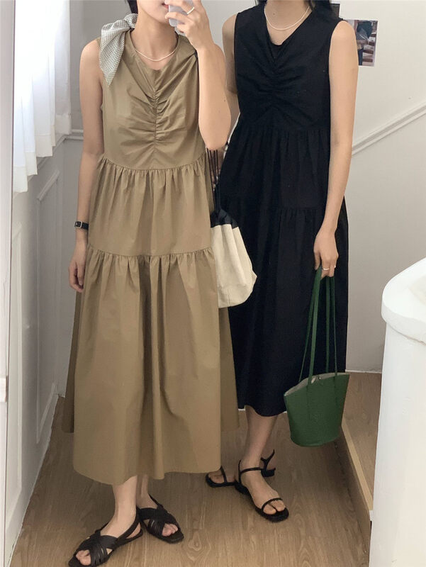 The original price is 98.99! Holiday must enter ~ [clean space] Korean solid color pleated round neck vest dress 31600 \cqw