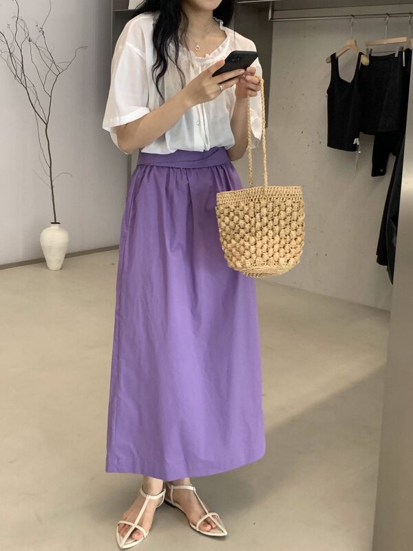 Washed cotton fabric, H-shape, 7 colors into [clean space] simple solid color loose lace up straight tube meat covered skirt 32383# cqw