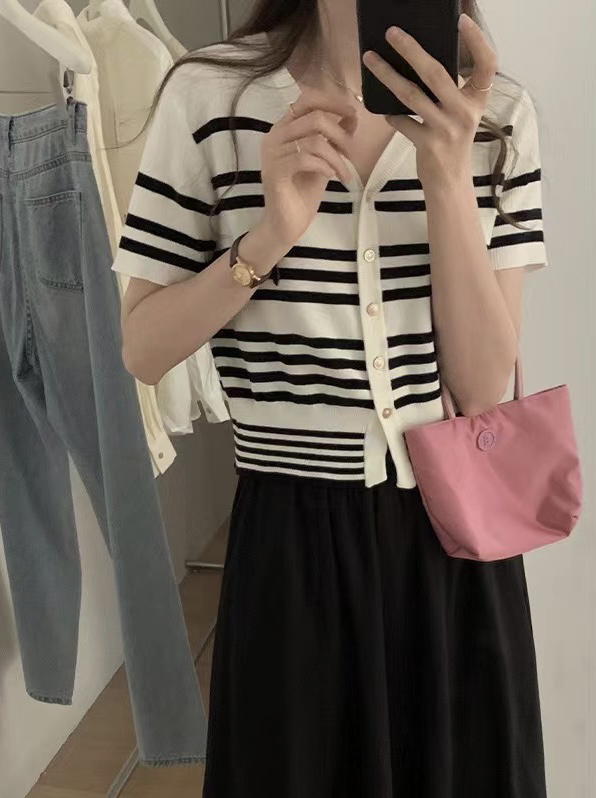 [f · P] foreign style V-neck striped pearl breasted knitted cardigan ya509# HBx