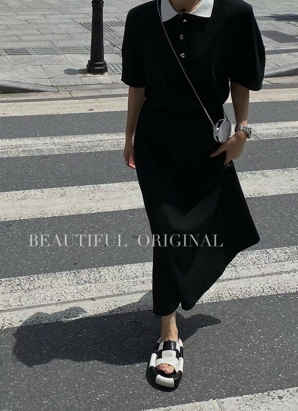 [B-O] polo collar versatile short sleeve + simple casual Skirt Set (with necklace) 67075\xyj