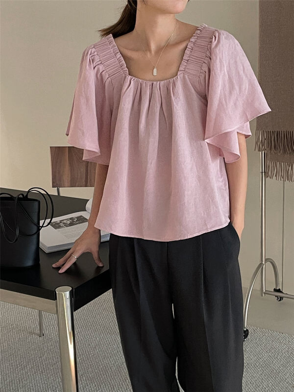Tencel linen [clean space] Korean solid color square neck big lotus leaf shirt 32657 \cqw