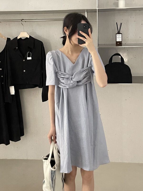 Linen, dry and breathable [clean space] Korean simple niche three-dimensional knot dress 33122\cqw
