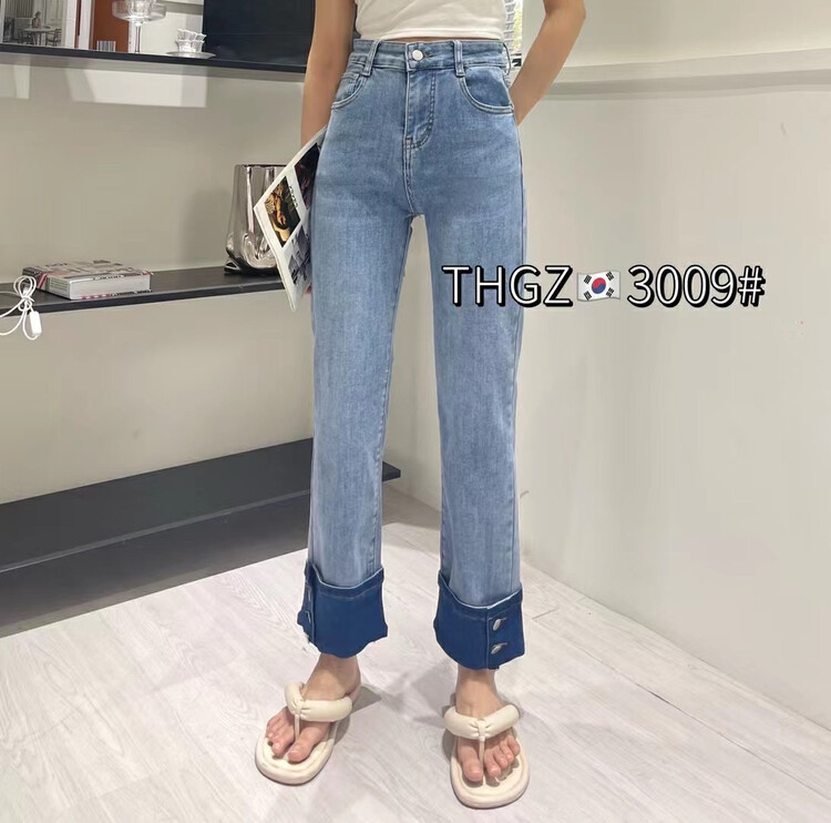 [thgz] cuffed button at the hem is high elastic and thin, smoke tube jeans t3009\ll