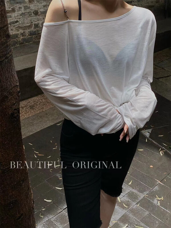 [B-O] chain design off shoulder fashion niche sunscreen shirt 87367# XYJ