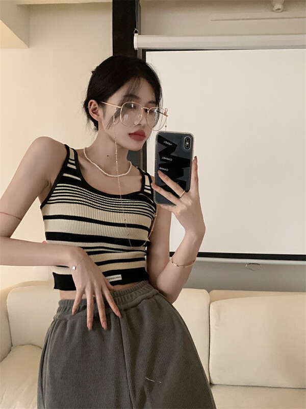 [f · P] casual and versatile U-neck striped slim fitting vest / sling 1895# HBx
