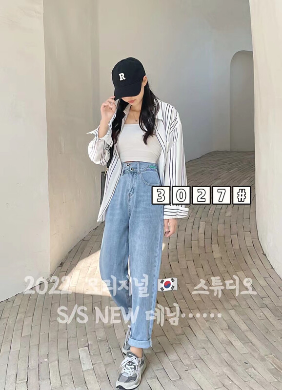 [-5kg] slim diagonal buckle elastic waist design boyfriend jeans t3027# ll