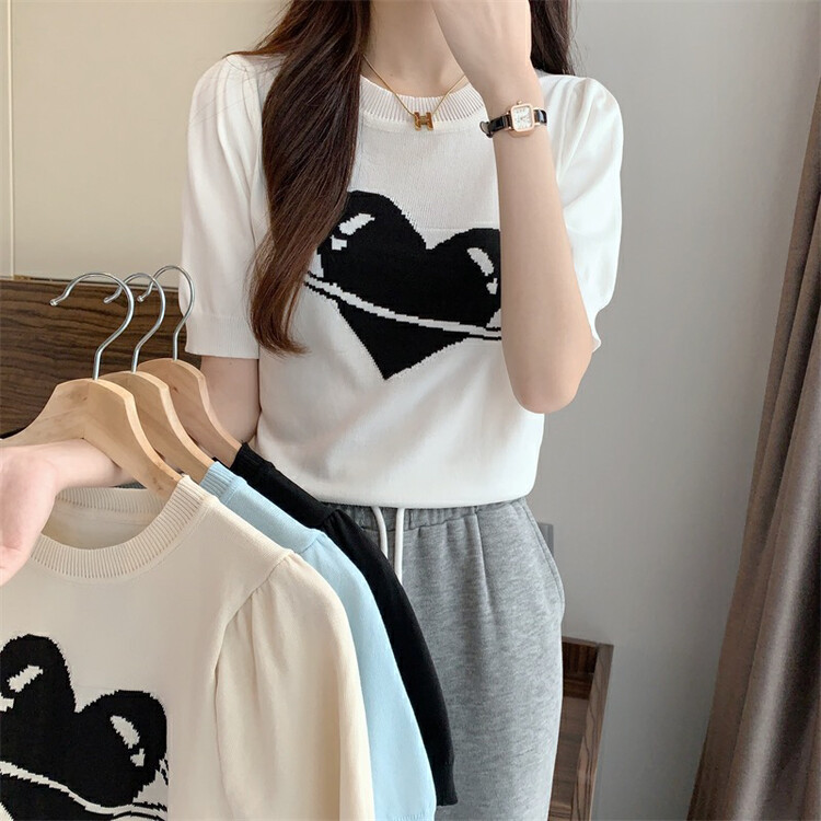 [f · P] round neck love jacquard bubble sleeve short sleeve sweater 42032# HBx