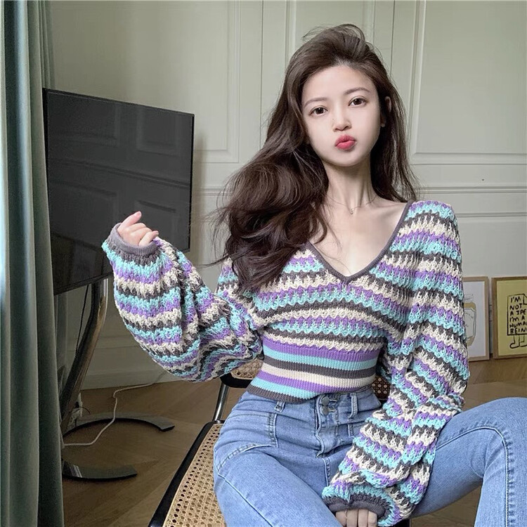 [f · P] pure lazy style V-neck stripe design sense niche sweater yz002\hbx