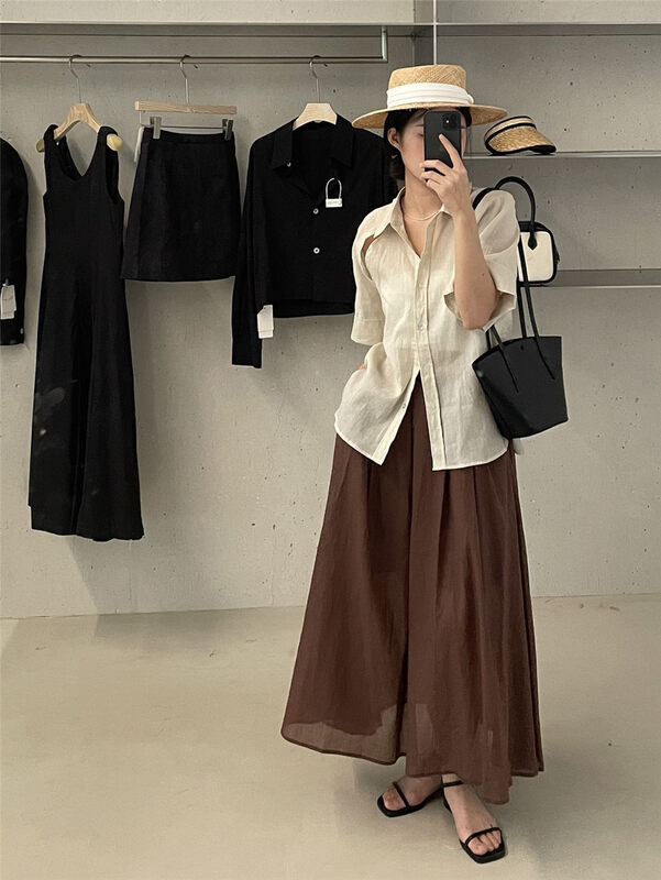[clean space] Korean solid color loose elastic waist linen cotton breathable skirt 33001# cqw
