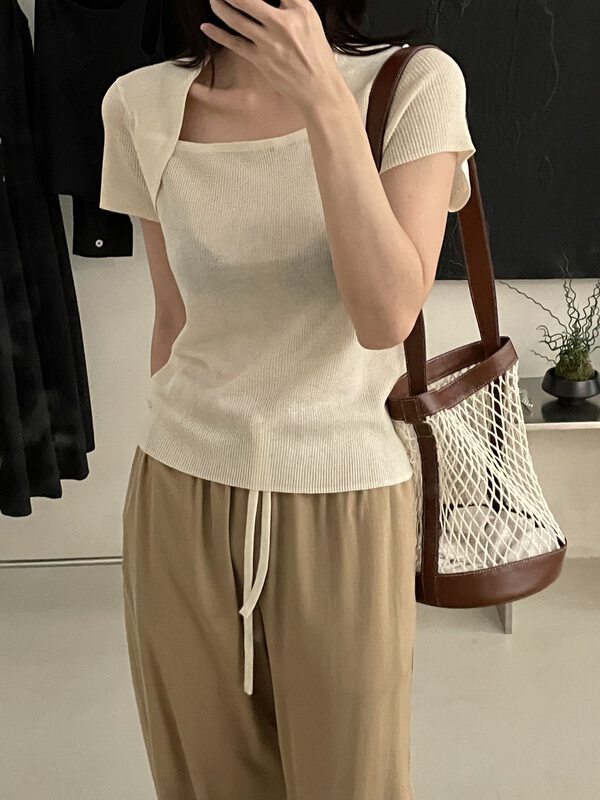 Custom made ice silk yarn, 7 colors can enter [clean space] Korean neckline fake two-piece design sweater 27972# cqw