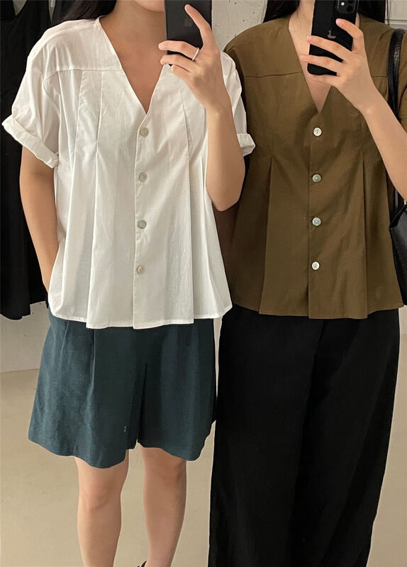 [clean space] Korean solid color breasted bubble sleeve blouse 32628# cqw