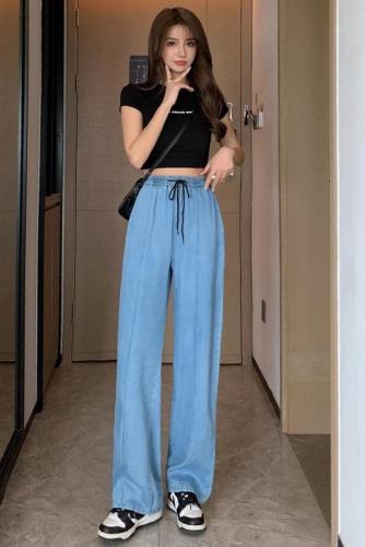 Real photos of Tencel denim washing pants women's summer thin high waist small straight tube ice silk hanging feeling wide legs large size