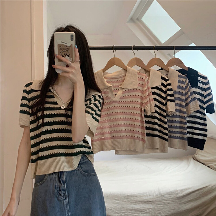 [f · P] fashionable exotic Polo neck striped sweater h337# HBx
