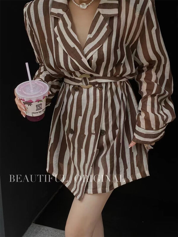 [B-O] Korean striped loose sunscreen shirt (with belt) 55008# XYJ