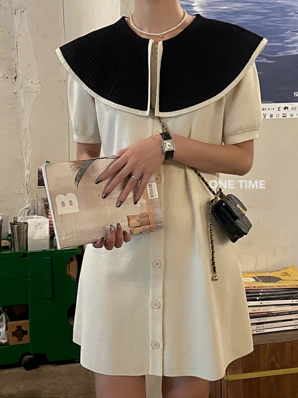 [one time] color blocked baby collar single breasted dress ot7383\jhy