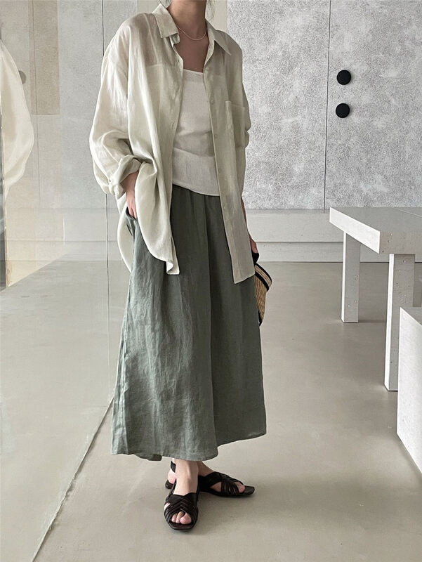 Hemp texture [clean space] Korean style fashion temperament versatile skirt 27916# cqw