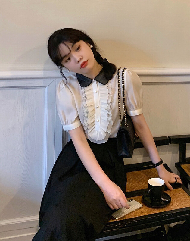 [w design] French contrast Lapel shirt + high waist temperament versatile skirt set 44551\wpl