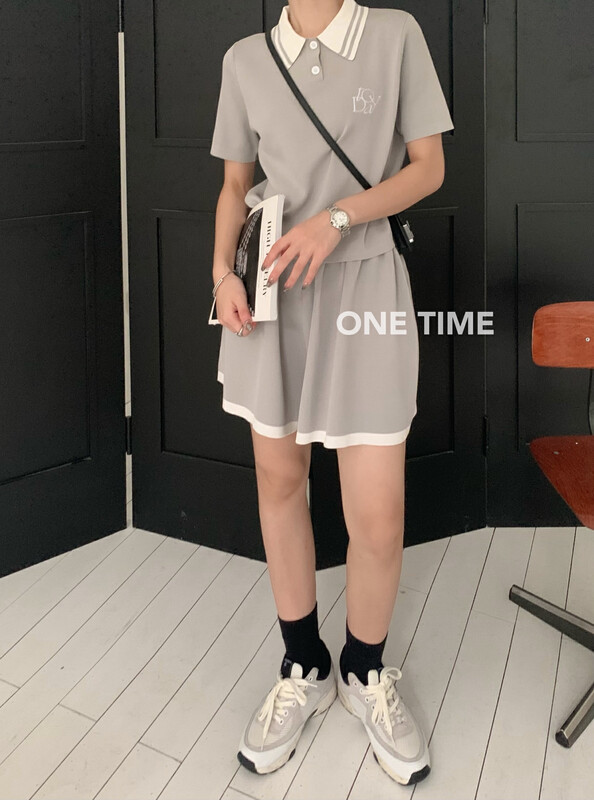 [one time] simple color contrast knitted polo shirt + high waist slim loose casual suit xw5221# jhy