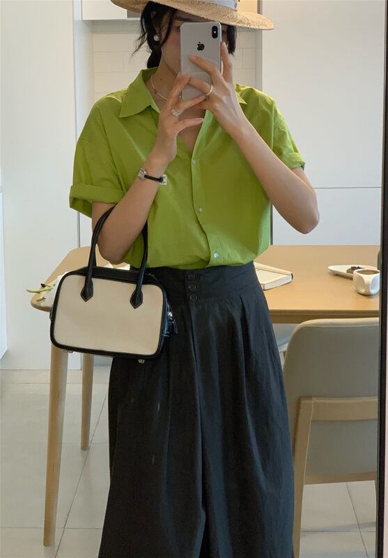 [clean space] Korean version versatile solid color foreign style short sleeved shirt 32072 \cls