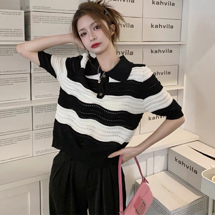 [f · P] Vintage contrast striped hollowed out Polo cx81012# HBx