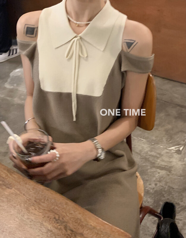 【ONE TIME】冰絲拼接撞色系帶連衣裙  OT7318#  JHY