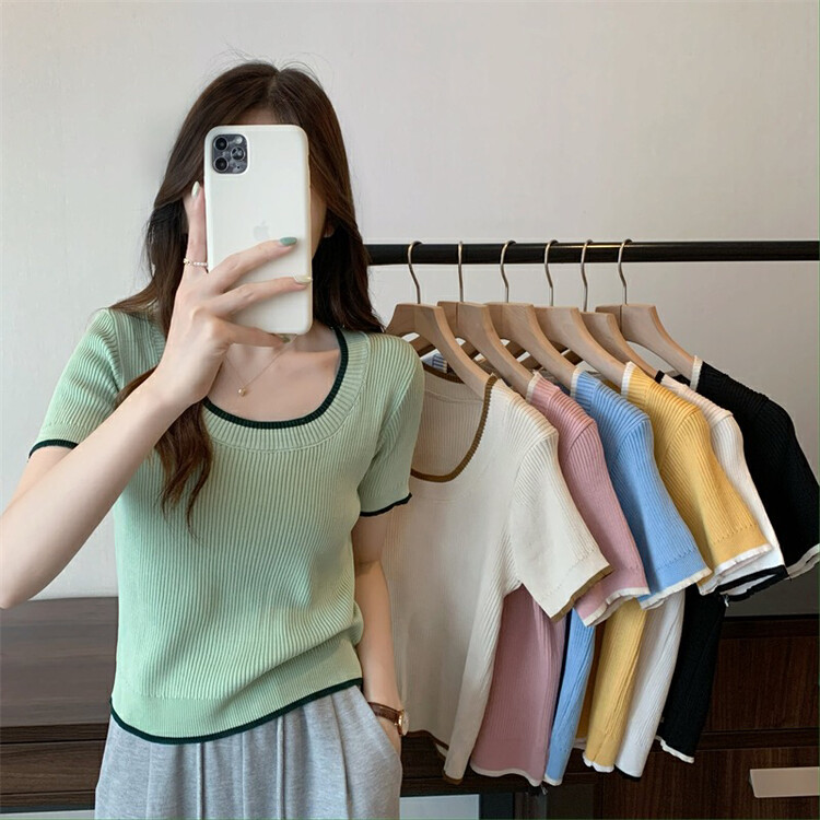 [f · P] Korean Short color contrast sweater 29028# HBx