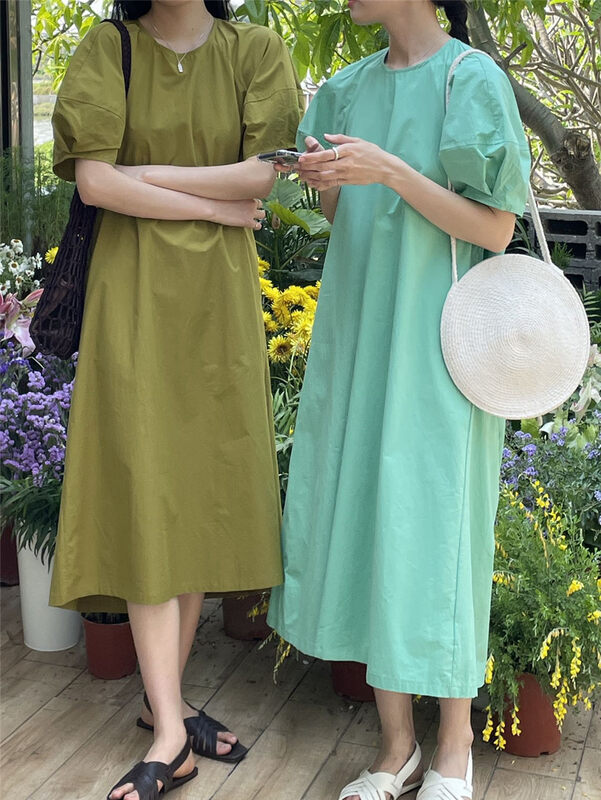 Popular upgrade! [clean space] Korean style bubble sleeve backless textured round neck dress 31367 \cls